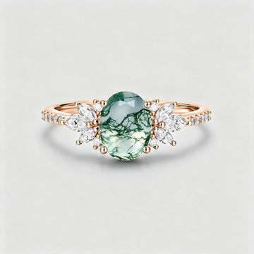 Oval Cut Natural Green Moss Agate Stone Cluster Engagement Rings