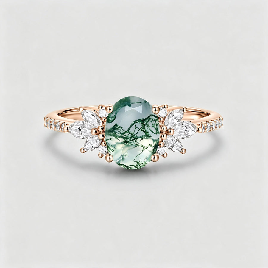 Oval Cut Natural Green Moss Agate Stone Cluster Engagement Rings