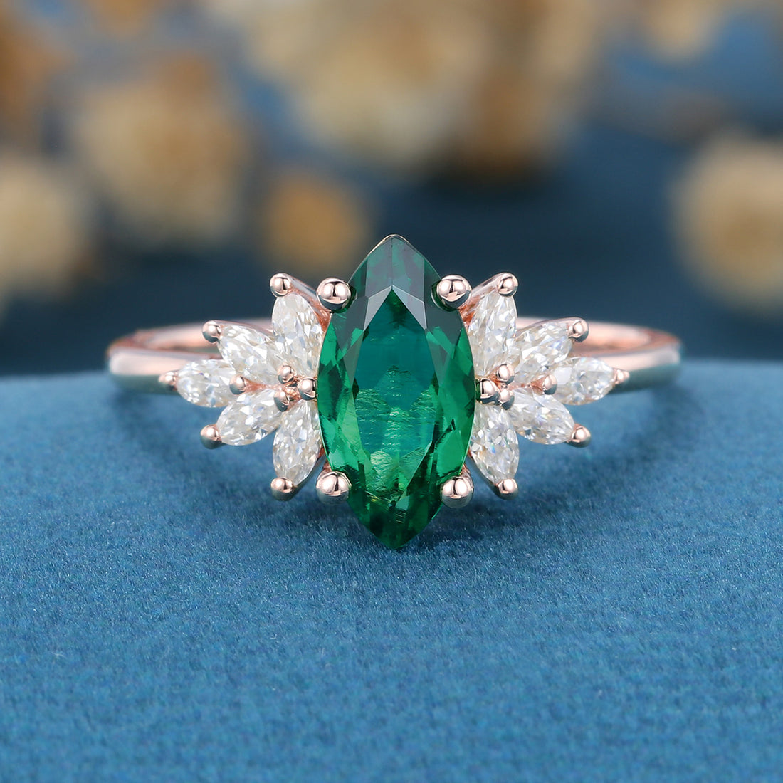 Inspired Marquise cut Lab Emerald Solid Gold Engagement Ring
