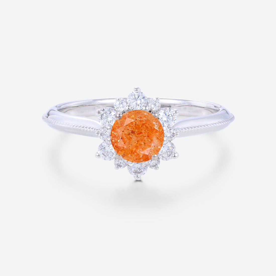 5mm Round cut Sunstone Flower Halo Engagement ring