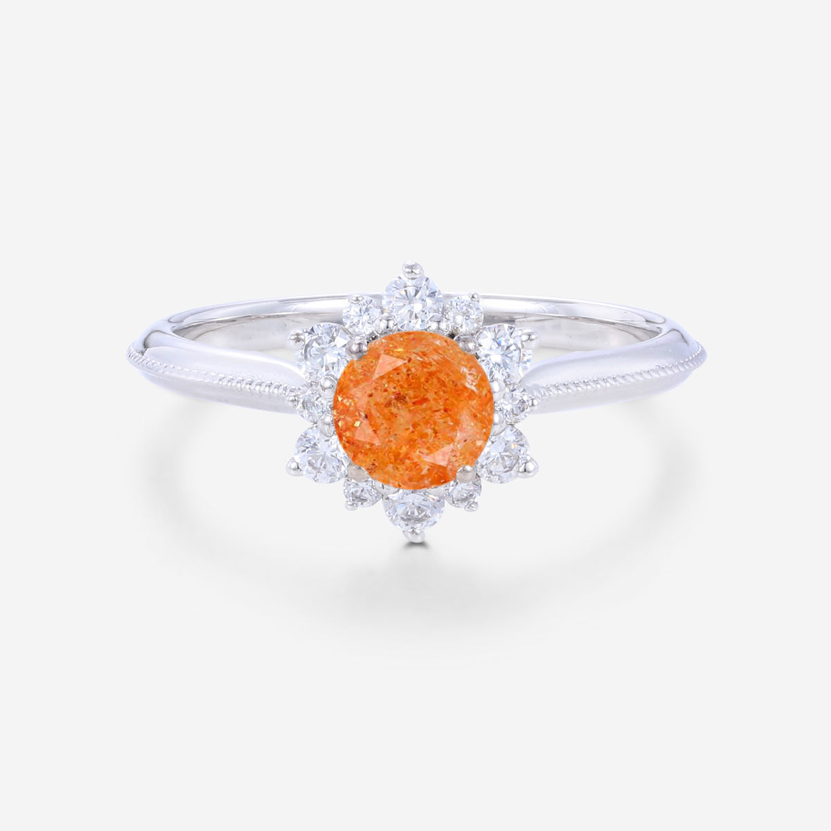 5mm Round cut Sunstone Flower Halo Engagement ring