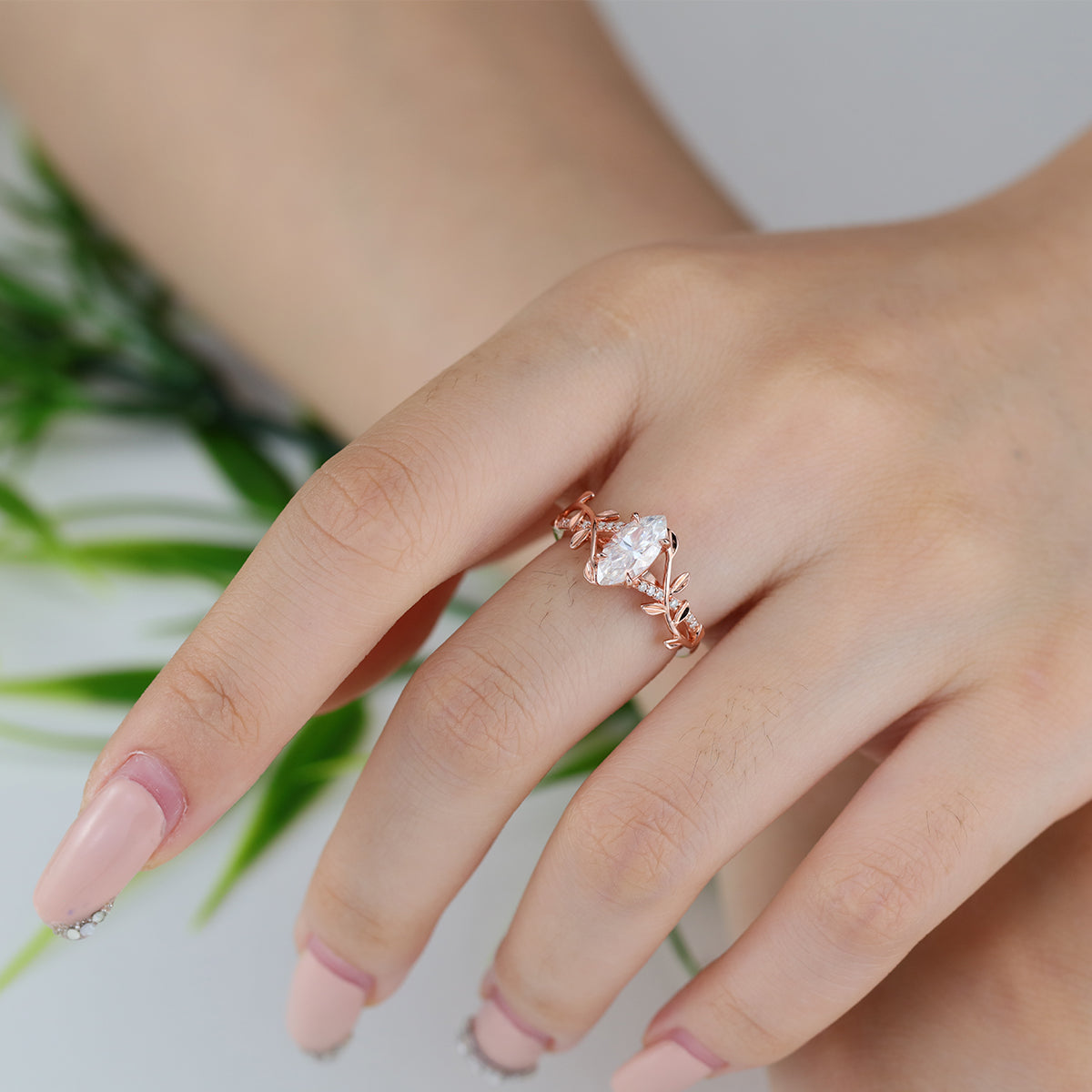 Nature Inspired Marquise cut Moissanite Leaf Gold Engagement Ring