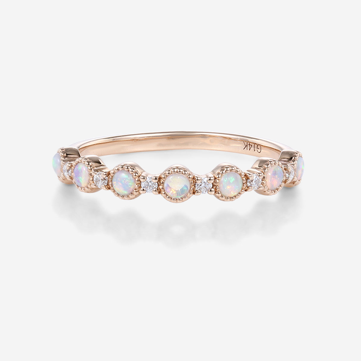 Round cut Opal Half Eternity Gold Straight Wedding Band