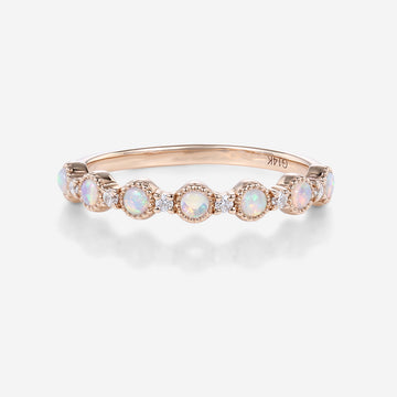 Round cut Opal Half Eternity Gold Straight Wedding Band