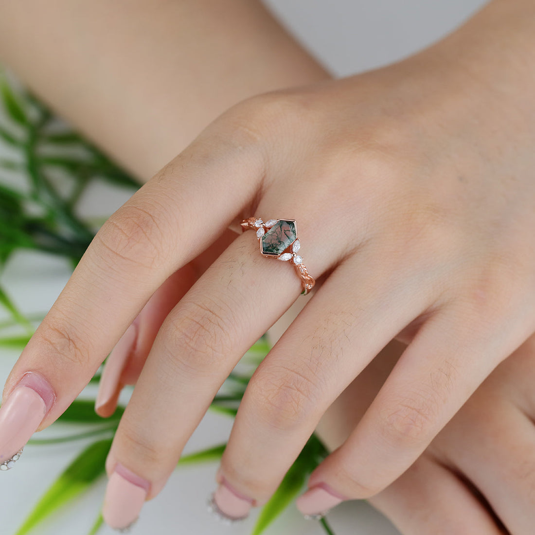Long Hexagon cut Moss Agate Damonds Leaf Gold Engagement Ring