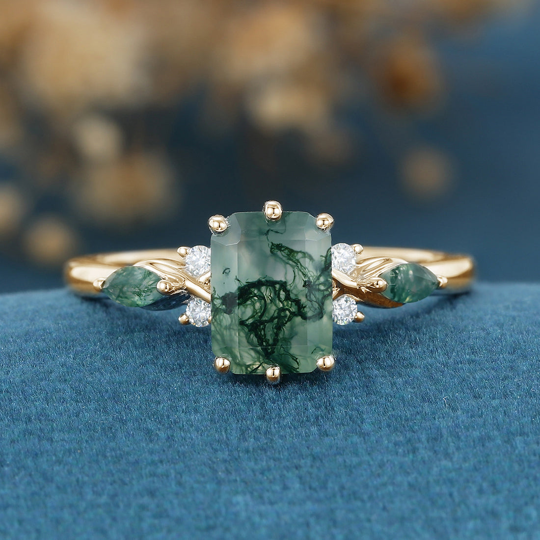 Emerald cut Moss Agate Matching Moissanite | Diamonds Gold Engagement Ring