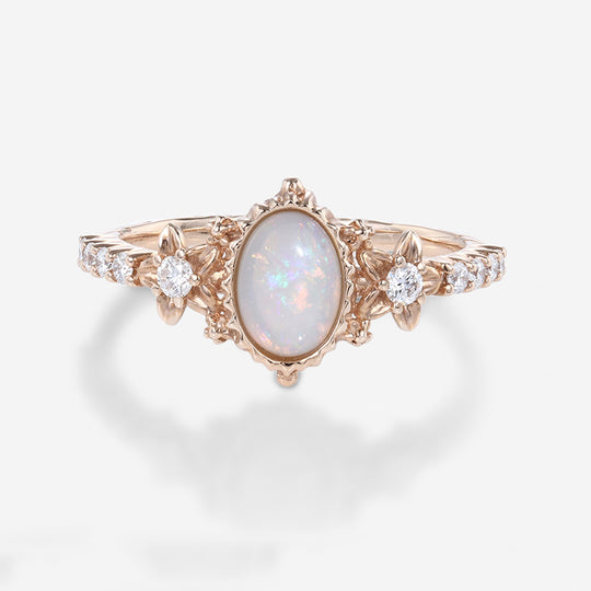 Bezel setting Oval cut Opal Halo Moissanite | Diamonds Gold Engagement Ring