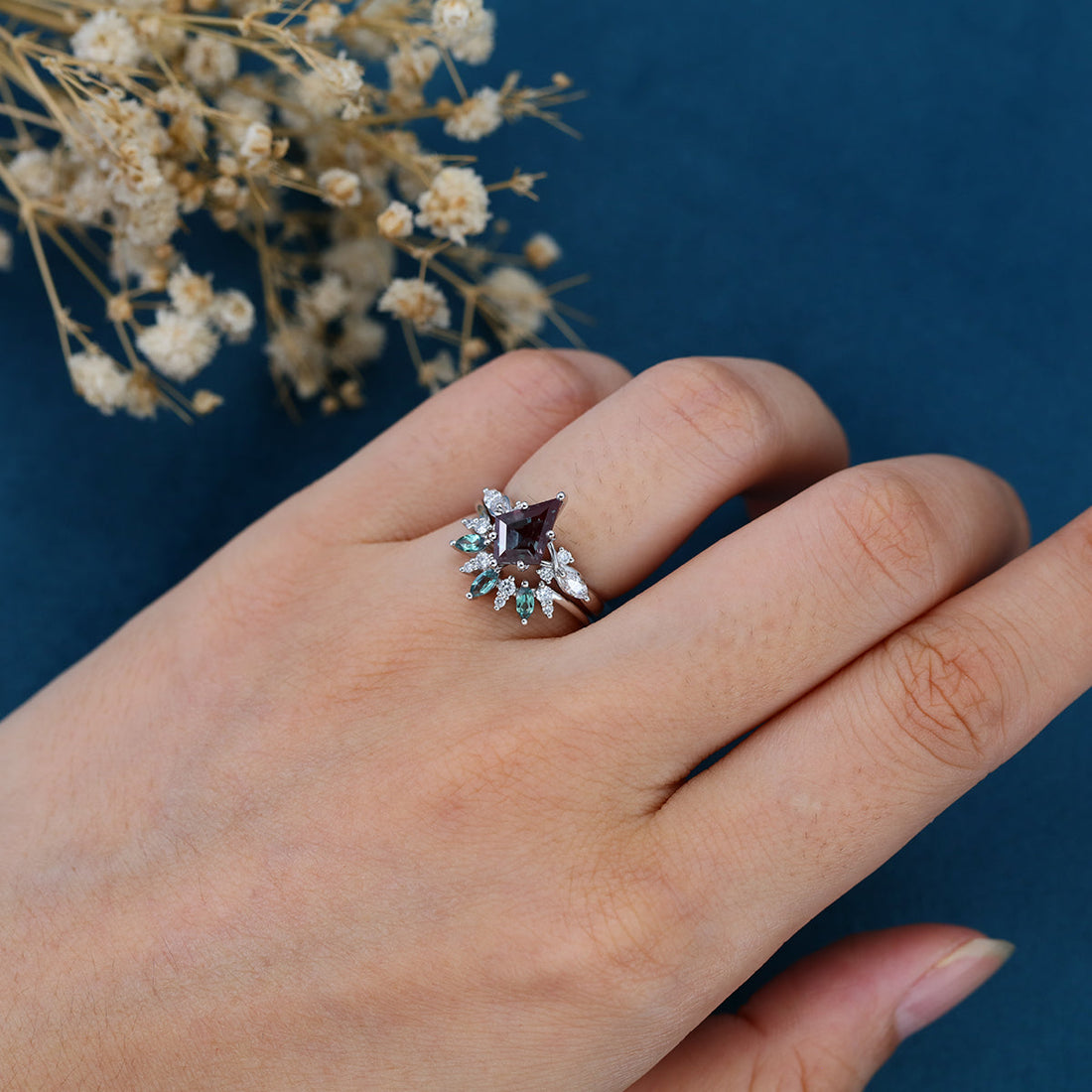 1.3 Carat Kite Cut Lab Alexandrite Wedding bridal set