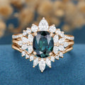 3PCS Oval cut Blue green sapphire Engagement Ring Set