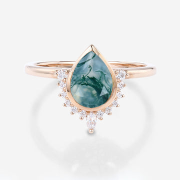 Bezel setting Pear cut Moss Agate Halo Moissantie| Diamonds Gold Engagement Ring