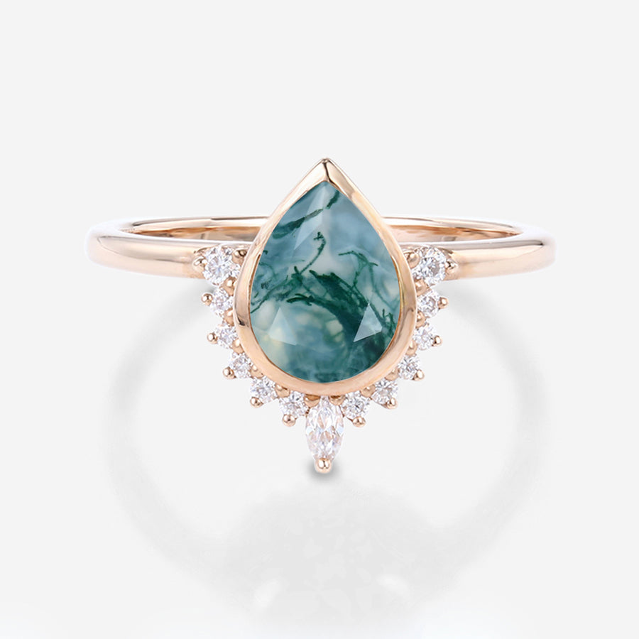Bezel setting Pear cut Moss Agate Halo Moissanite| Diamonds Gold Engagement Ring