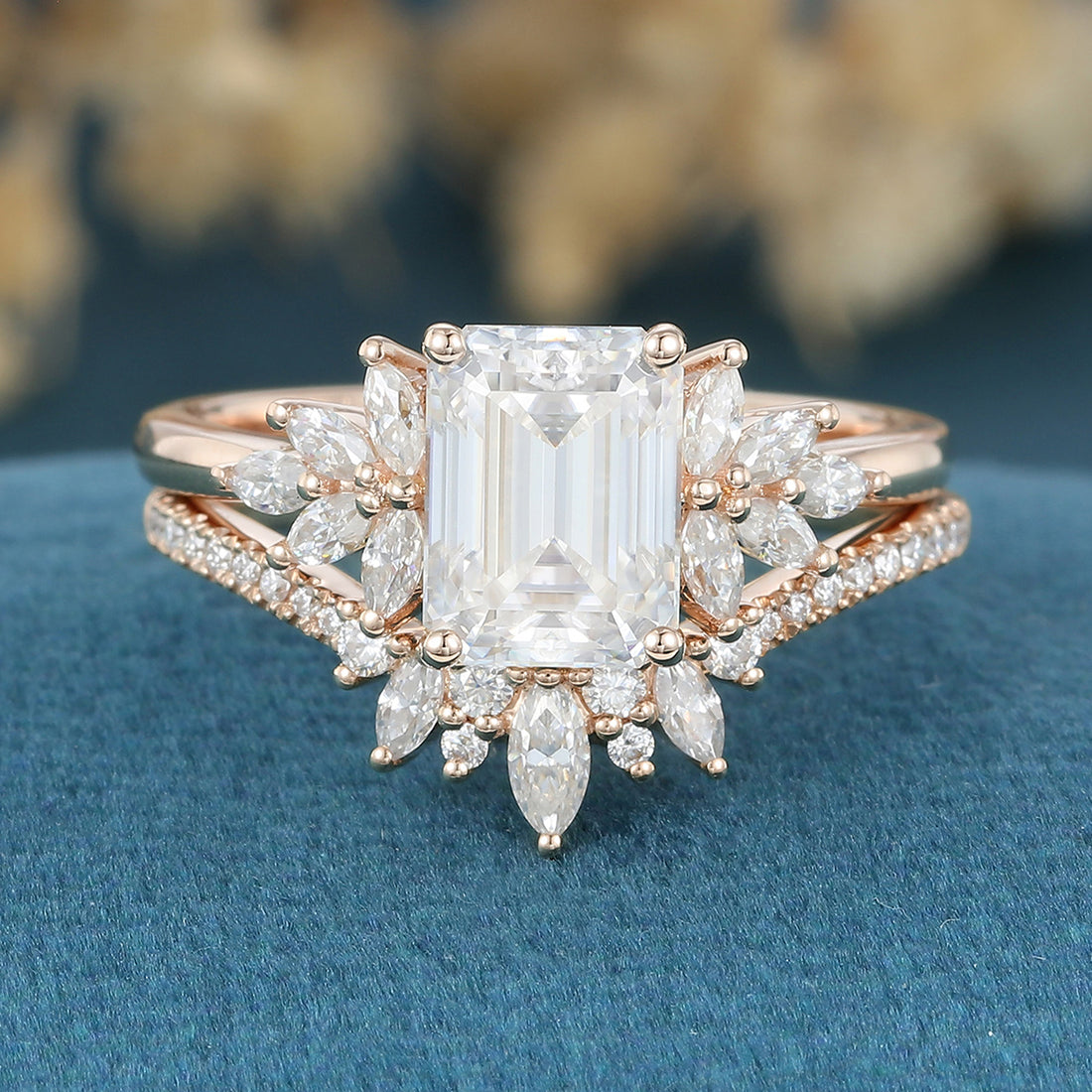 1.7Carat Vintage Emerald cut Moissanite Cluster Engagement Ring Set
