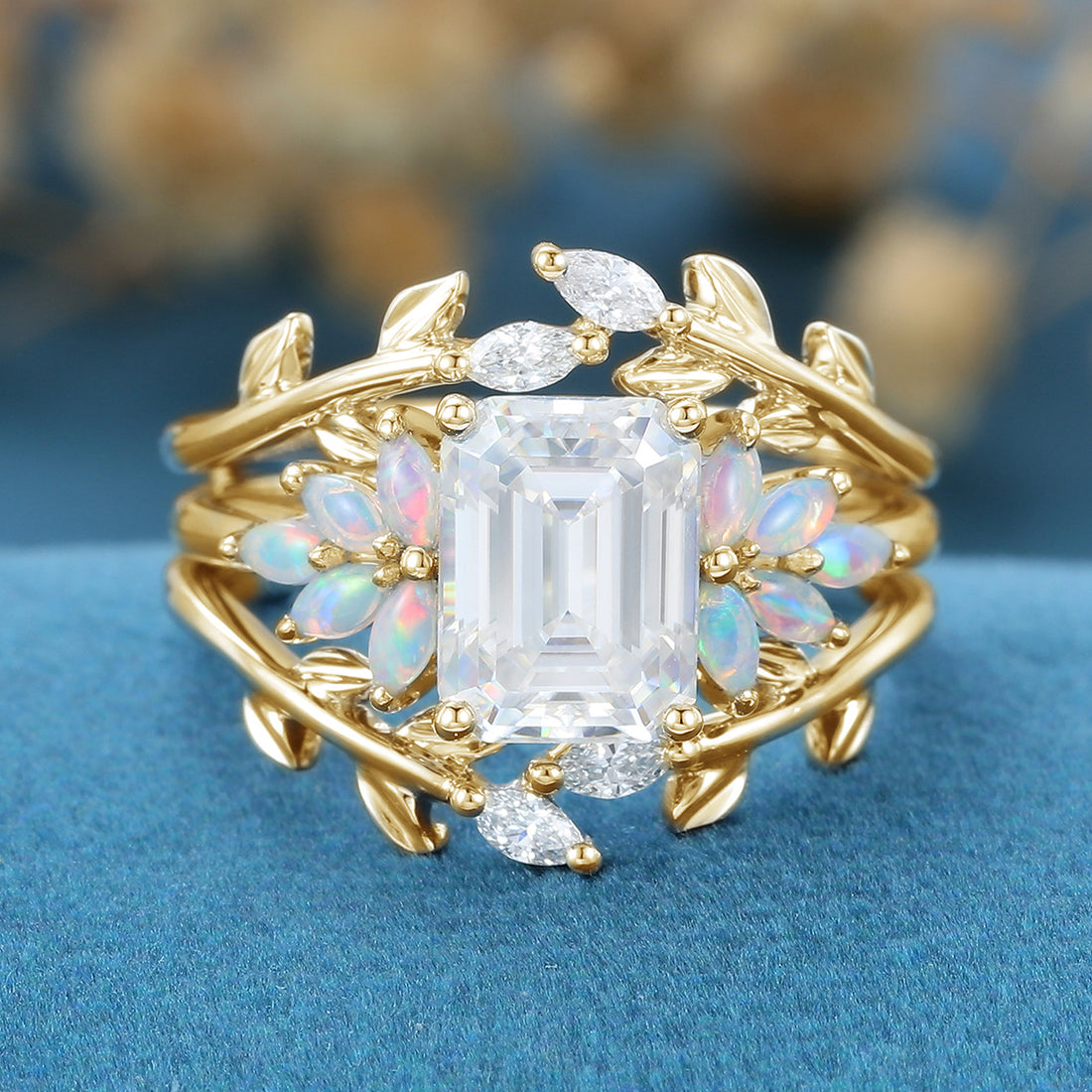 Emerald cut Moissanite Matching Moissanite | Diamonds Gold Bridal Set