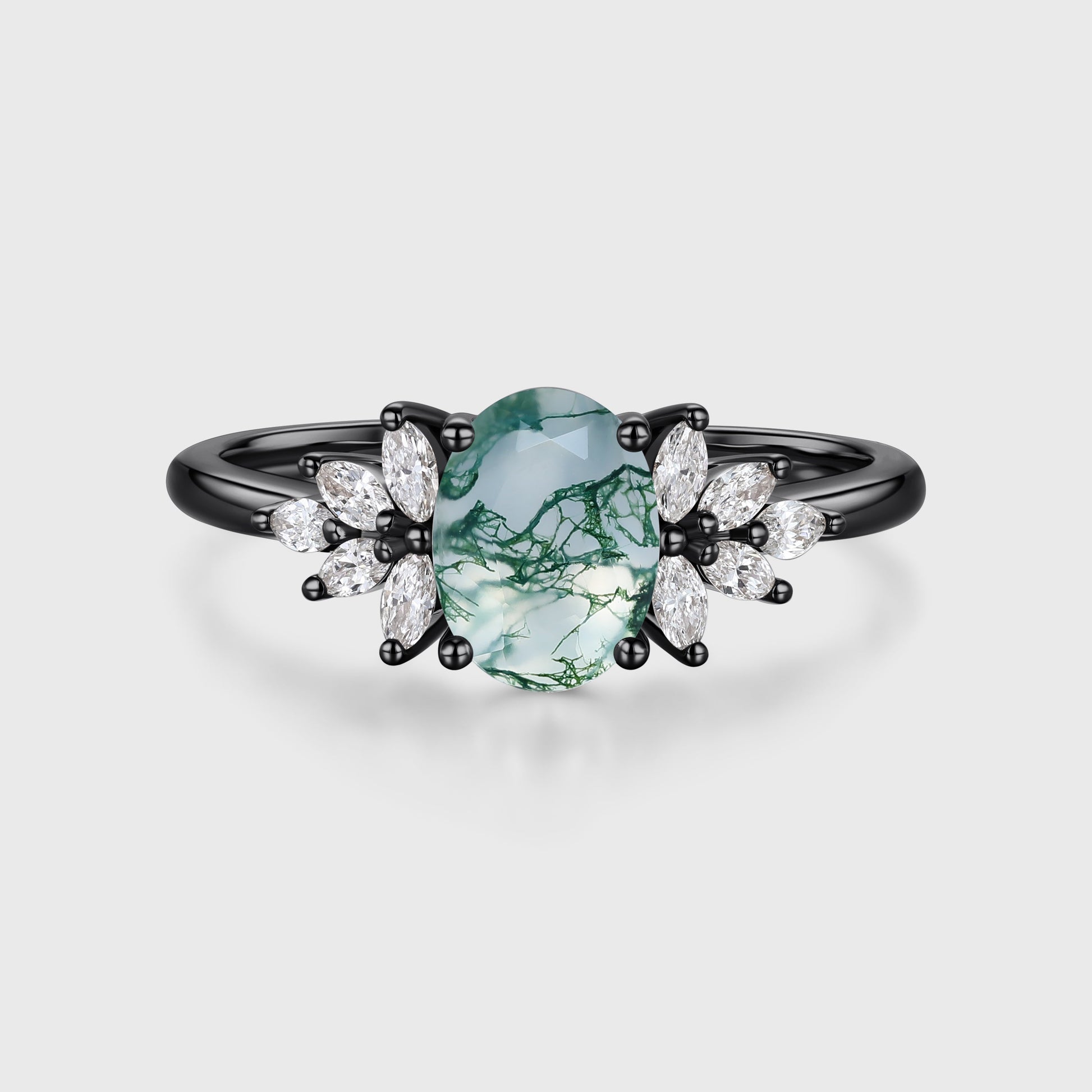 1.3 Carat Natural Green Moss Agate Oval cut cluster Engagement Ring