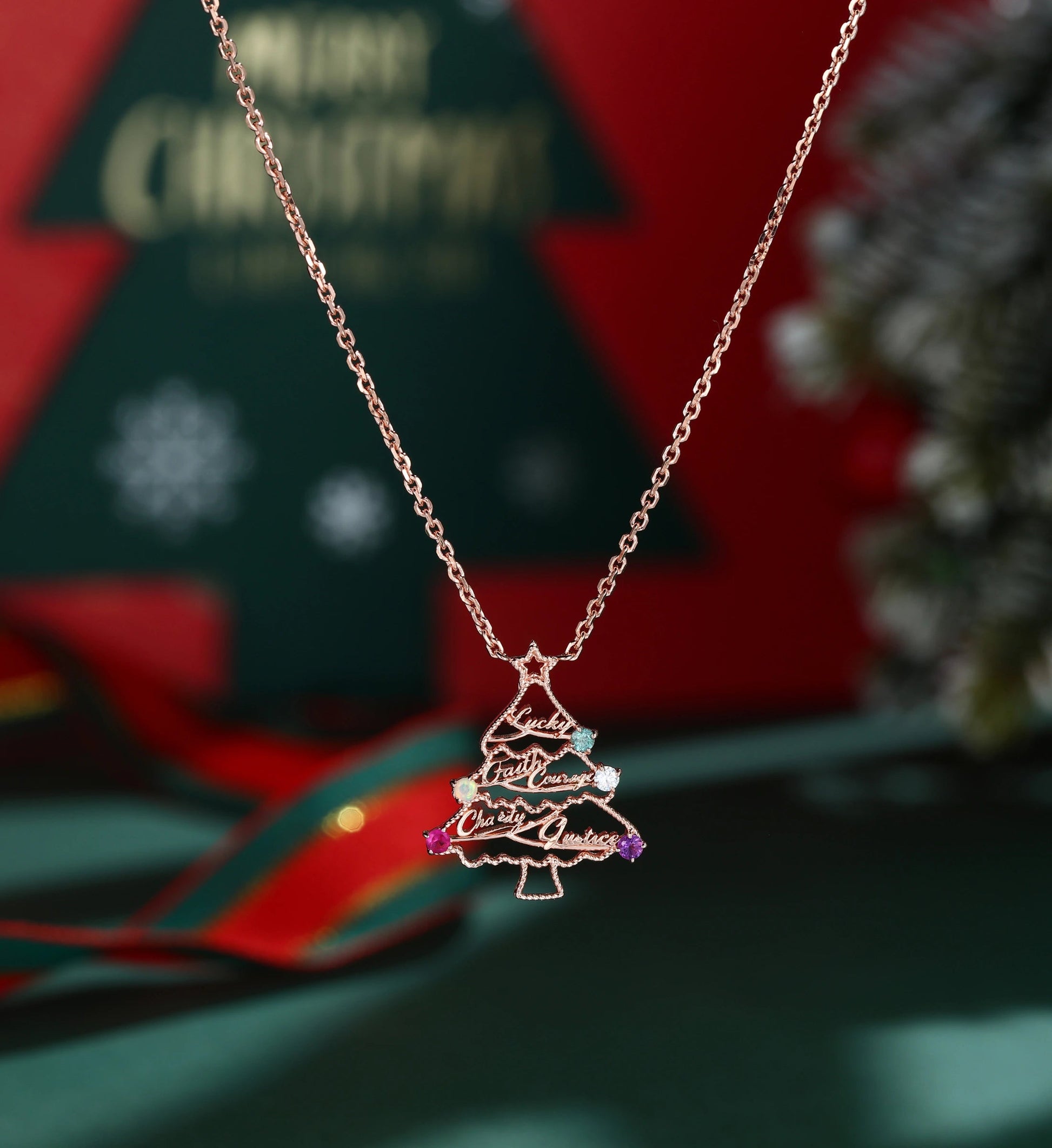 Christmas Tree  Pendant Necklace with Mix stones