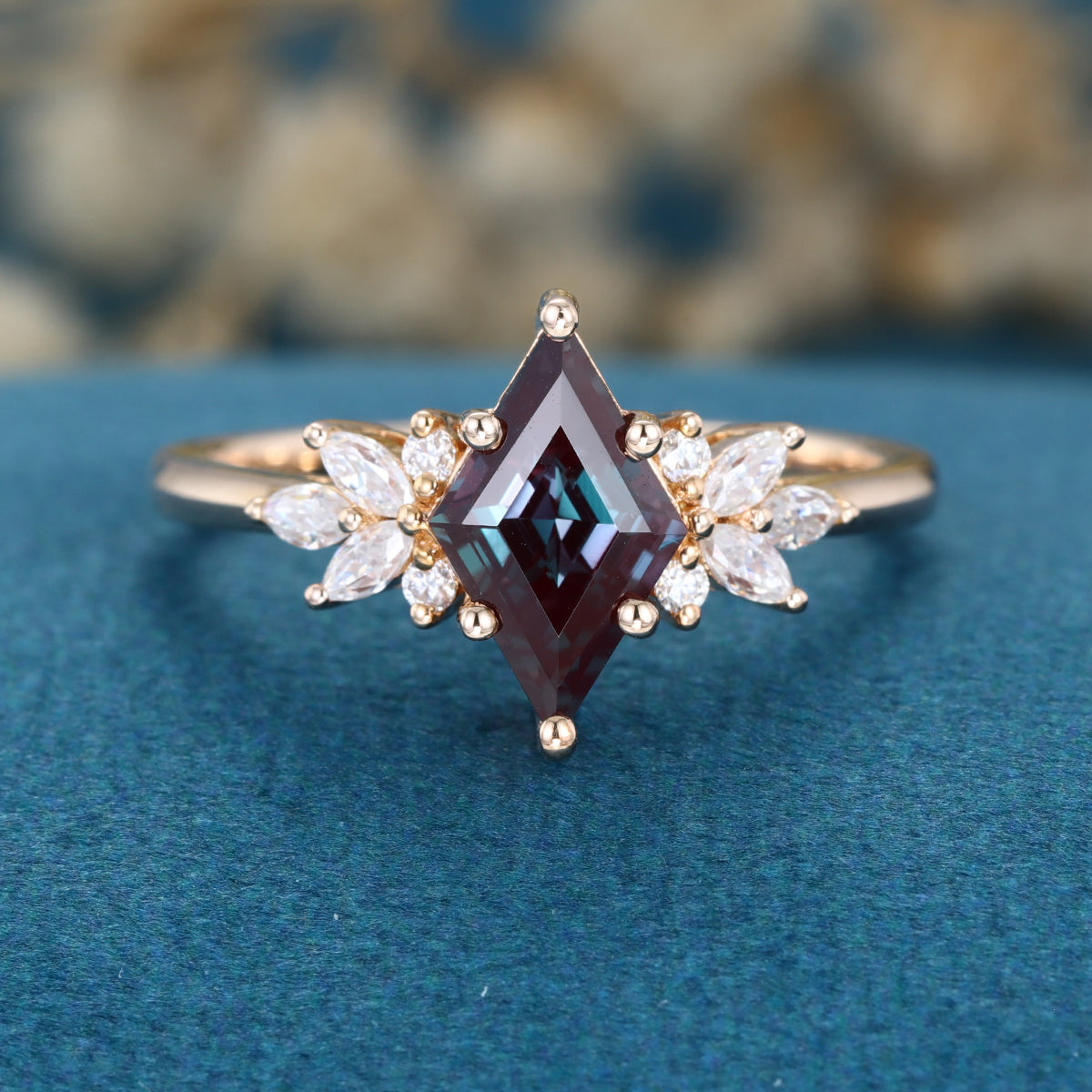 Lozenge cut Lab Alexandrite Solid Gold Engagement Ring