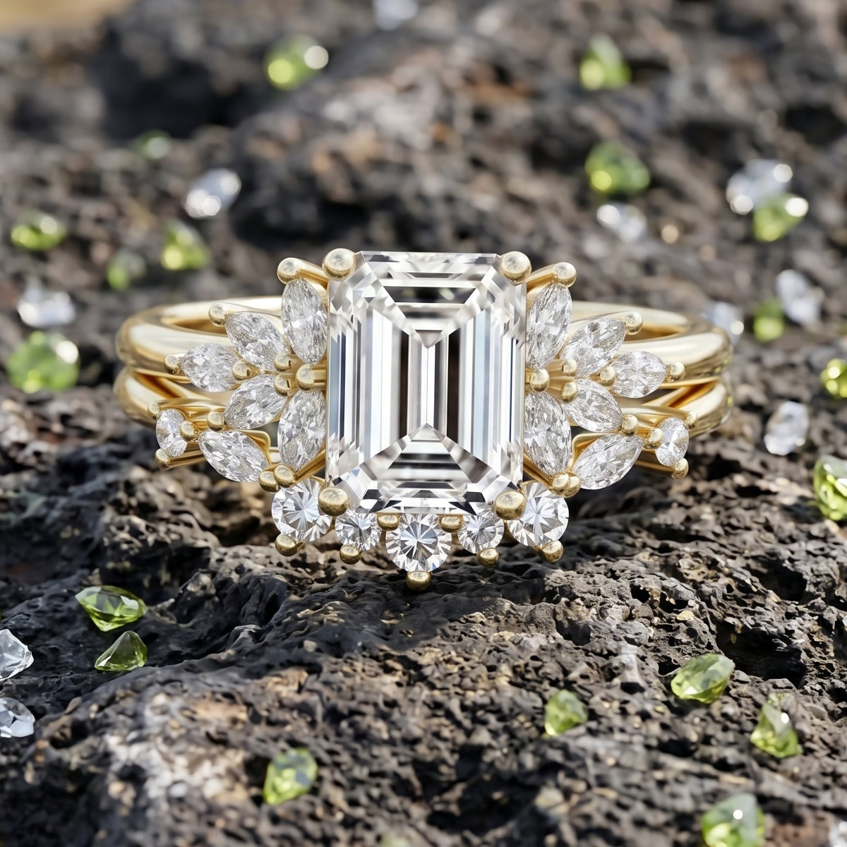 1.0CT~5.0CT Emerald cut Lab grown Diamond Cluster Engagement Ring Set