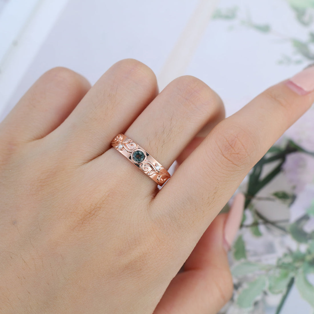 Luxury Men's Moss Agate Engagement Band - Solid gold men ring