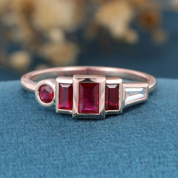 Bezel Setting Tapered Baguette Cut Natural Ruby Gold Engagement Ring