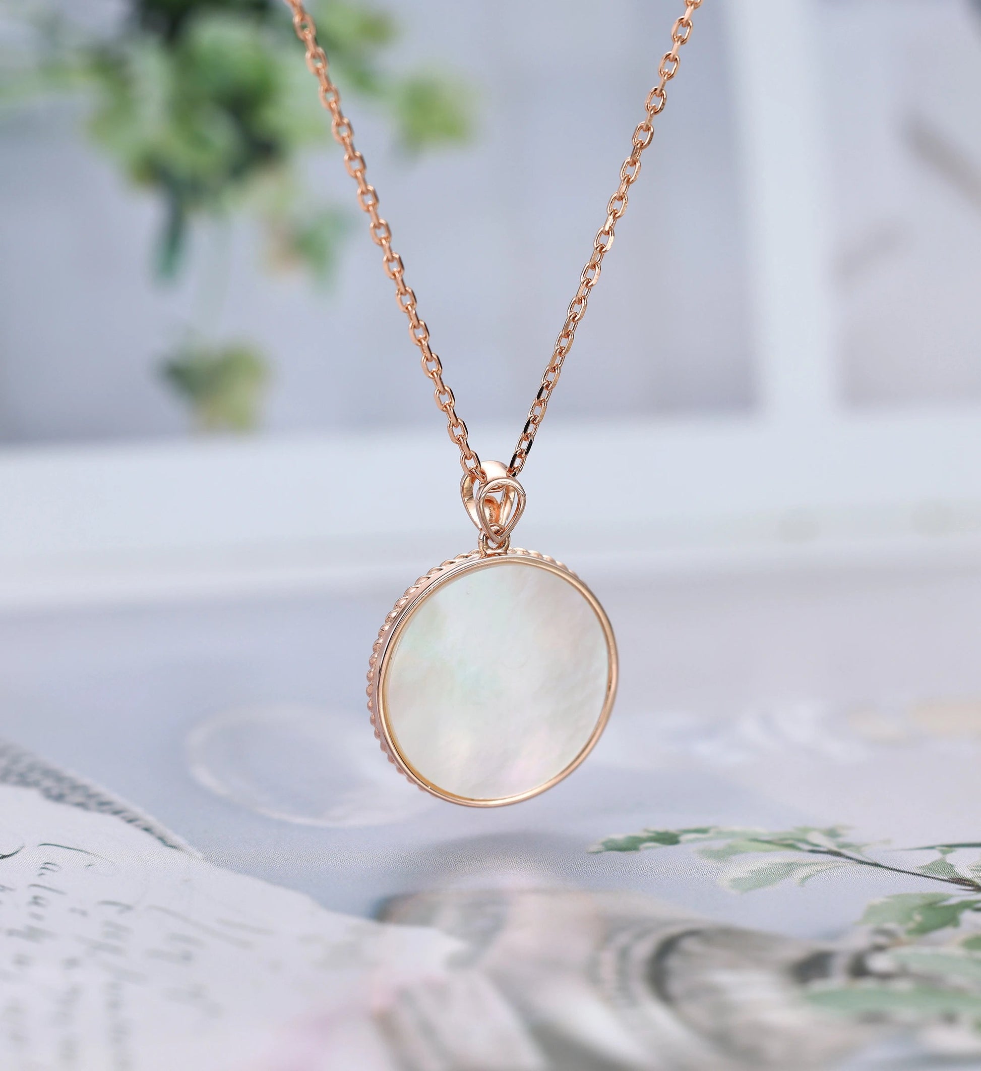 Round cut Mother of Pearl Pendant Necklace with Diamonds Halo Accents