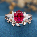 Oval cut Lab Ruby Cluster Engagement ring Bridal Set