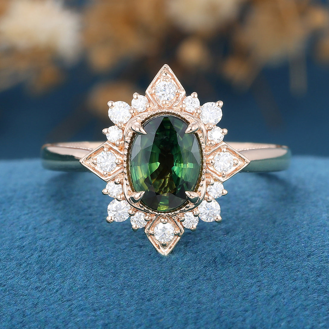 Oval cut Blue Green Sapphire Halo Moissanite | Diamonds Engagement ring
