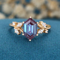 Hexagon cut Lab Alexandrite Solid Gold Engagement Ring