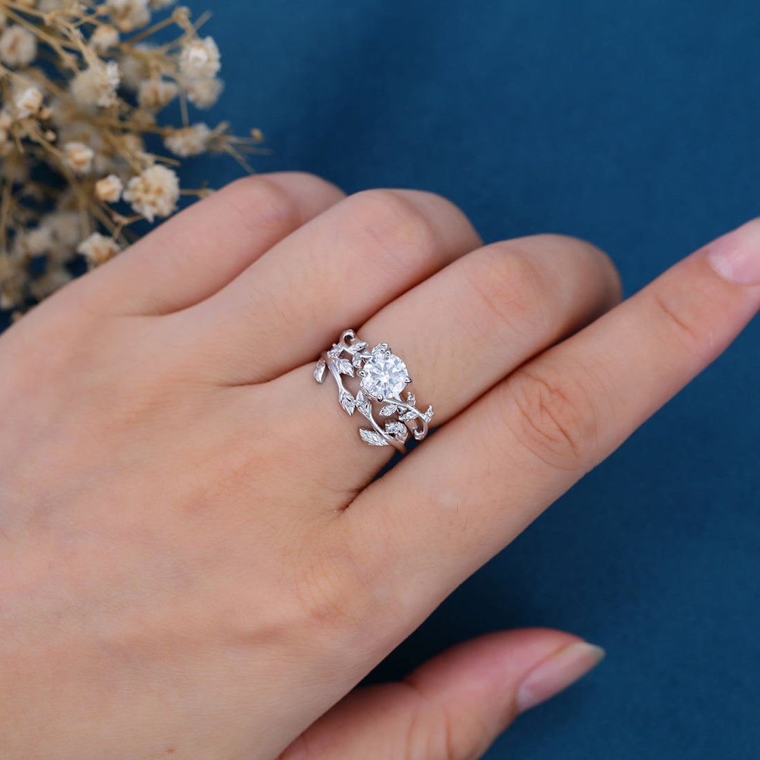 Round cut Moissanite Engagement ring White gold Diamond Wedding Bridal Set