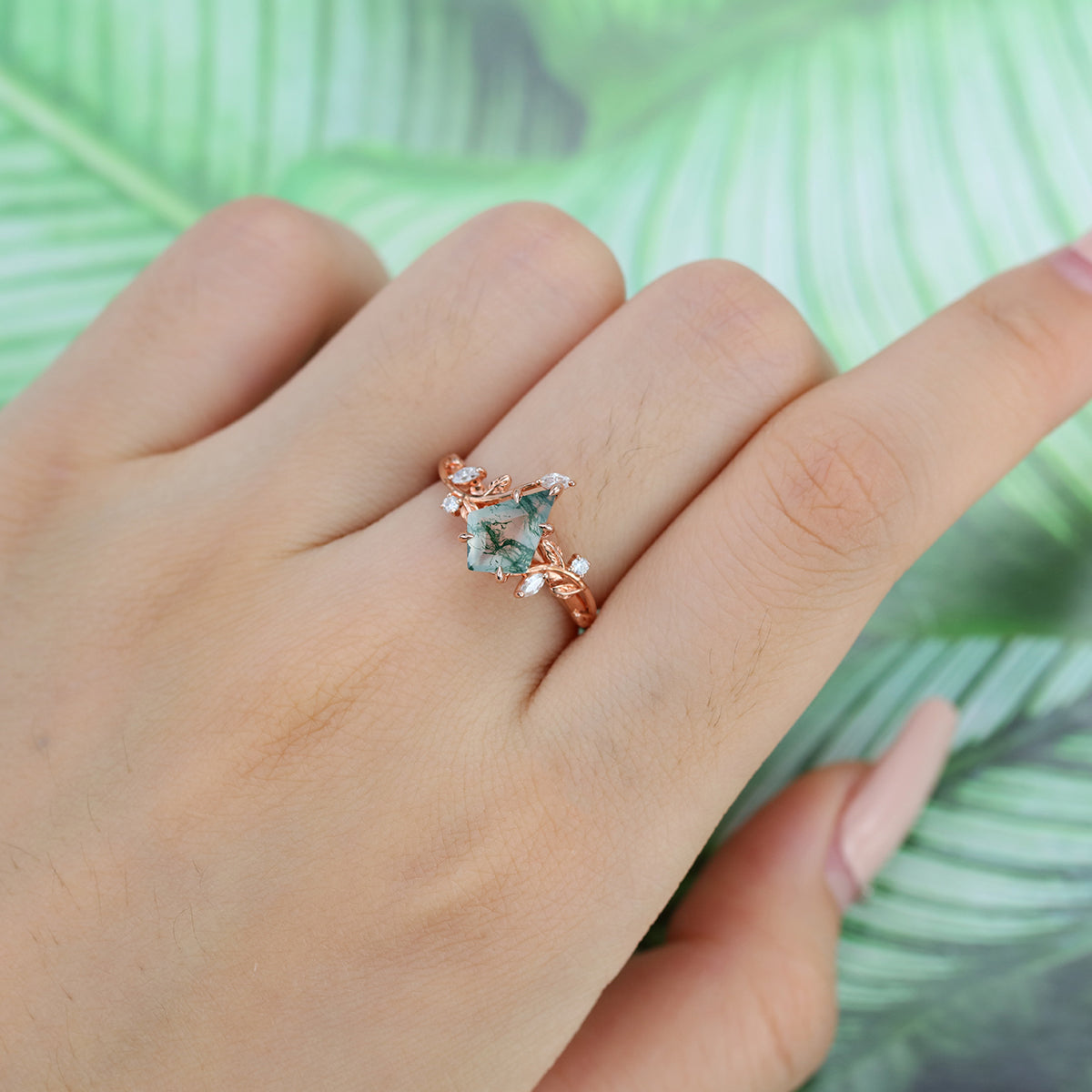 Nature Inspired Kite cut Moss Agate Leaf Gold Engagement Ring