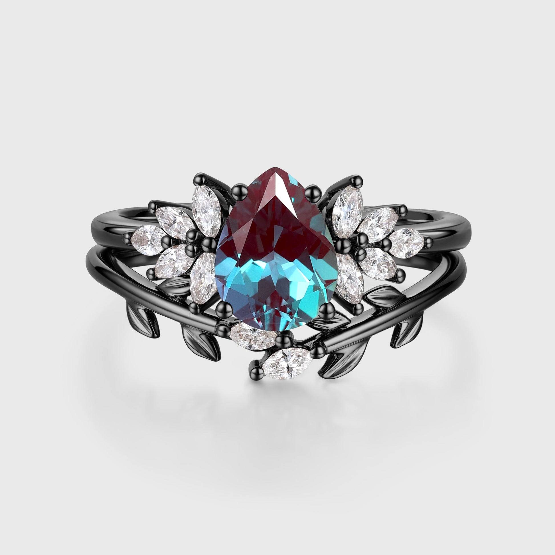 Pear cut Lab Alexandrite Engagement ring Bridal Set