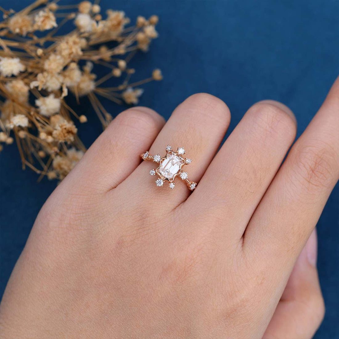 Emerald cut Moissanite Cluster Engagement Ring