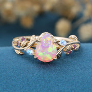 Inspired Pear cut Lab Pink Opal Matching Moonstone | Amethyst Solid Gold Engagement Ring