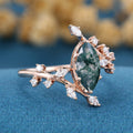 Bezel setting Marquise cut Moss Agate Rose Gold Engagement Ring