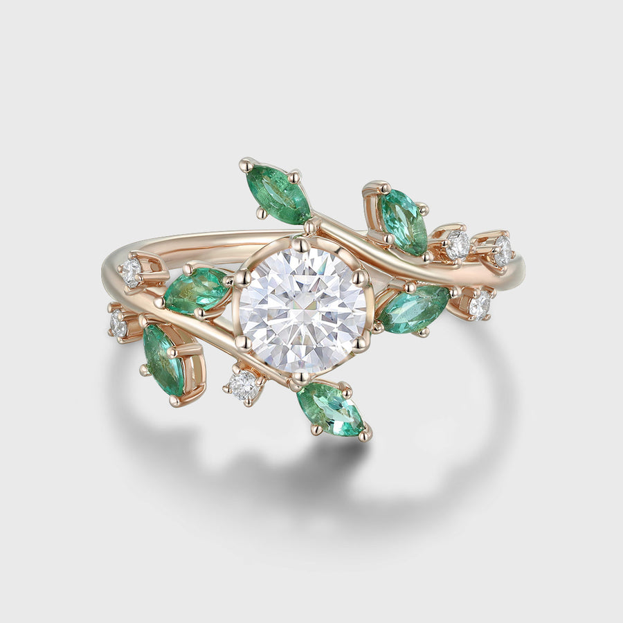 Nature Inspired Round cut Moissanite | Natural Emeralds Gold Engagement Ring
