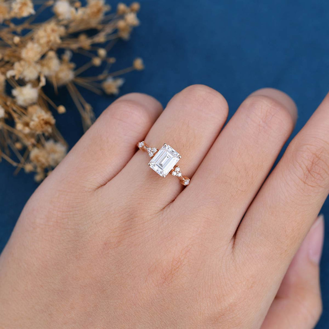 Emerald cut Moissanite Cluster Engagement Ring