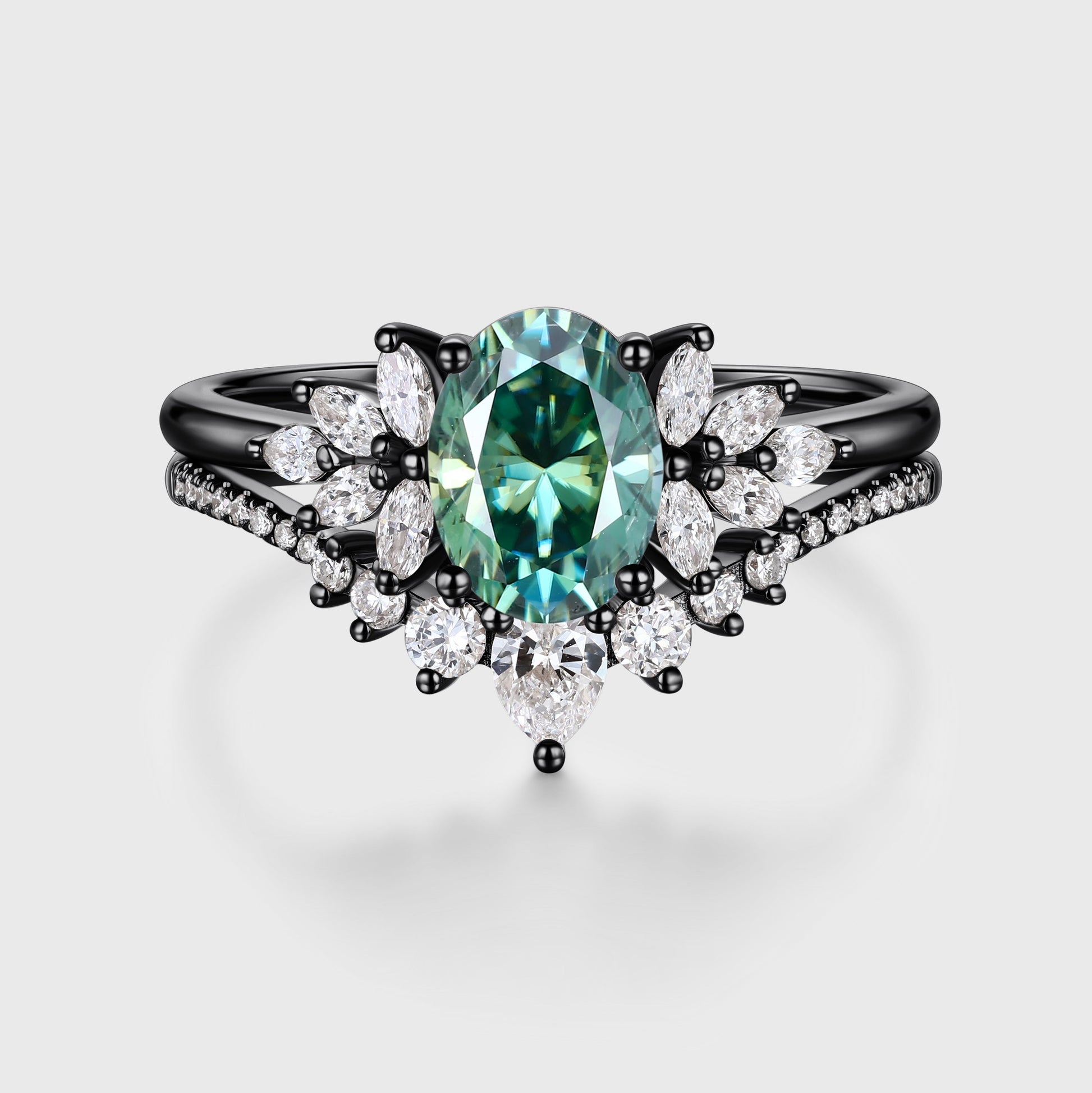 1.5Carat Oval cut Green Moissanite Engagement ring Bridal Set