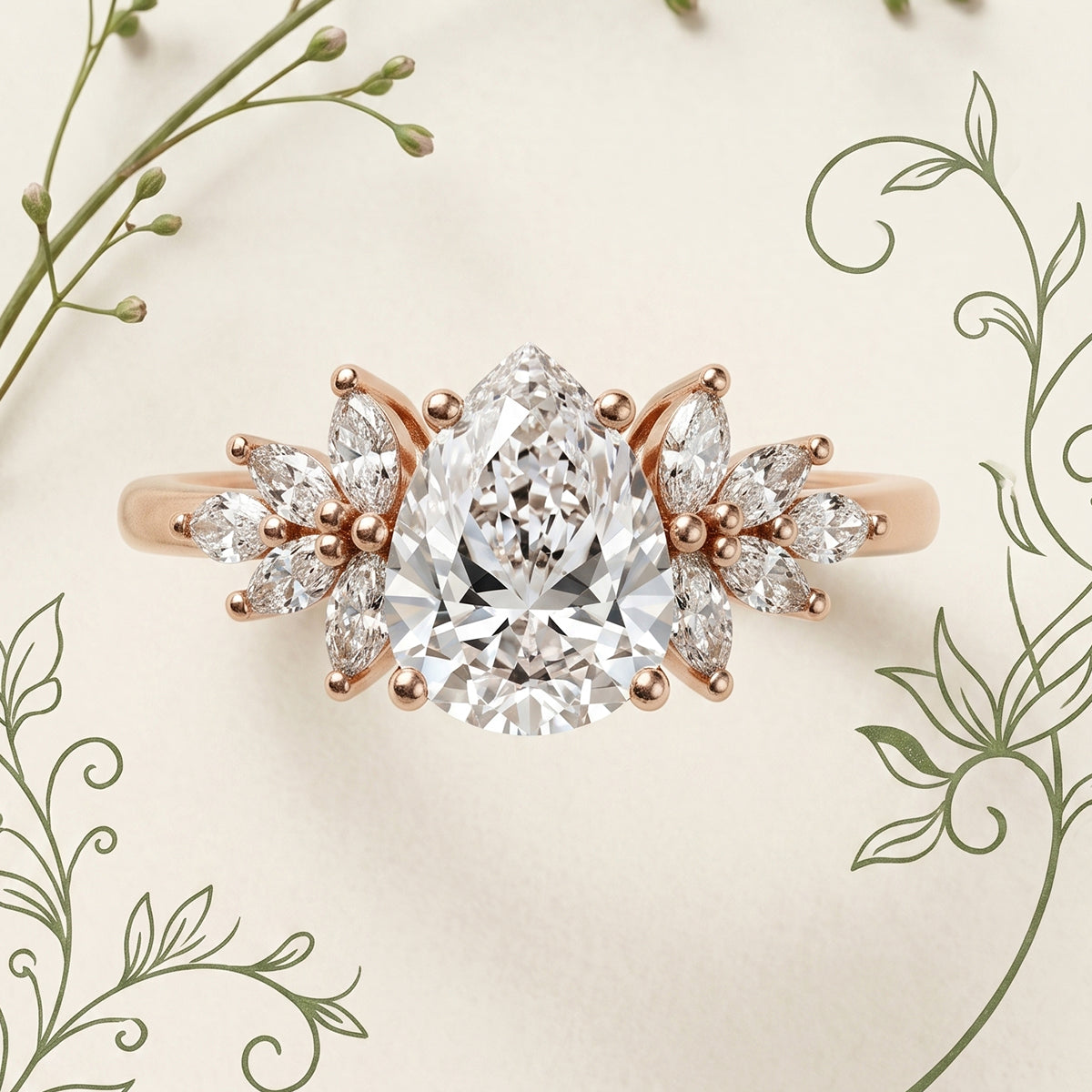 1.0CT~5.0CT Pear cut Lab Grown Diamond Cluster Engagement Ring