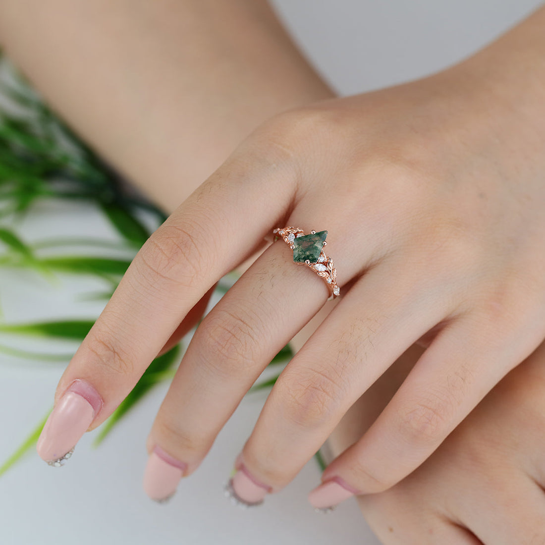 Nature Inspired Kite cut Moss Agate Leaf Gold Engagement Ring