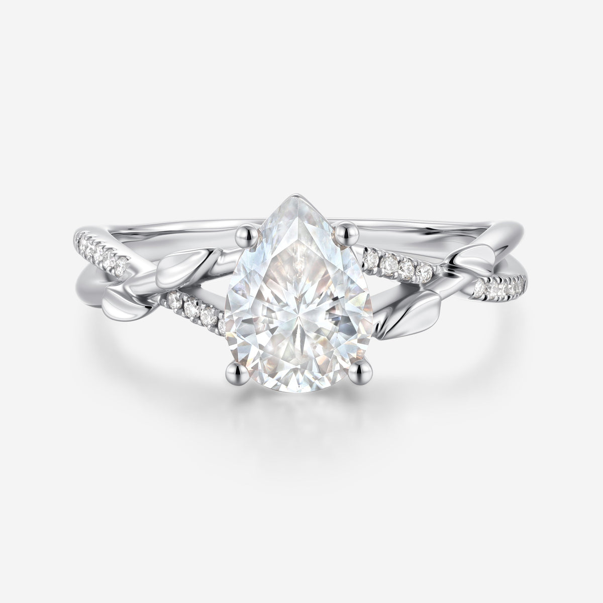 Nature Inspired Pear cut Moissanite Leaf Gold Engagement Ring