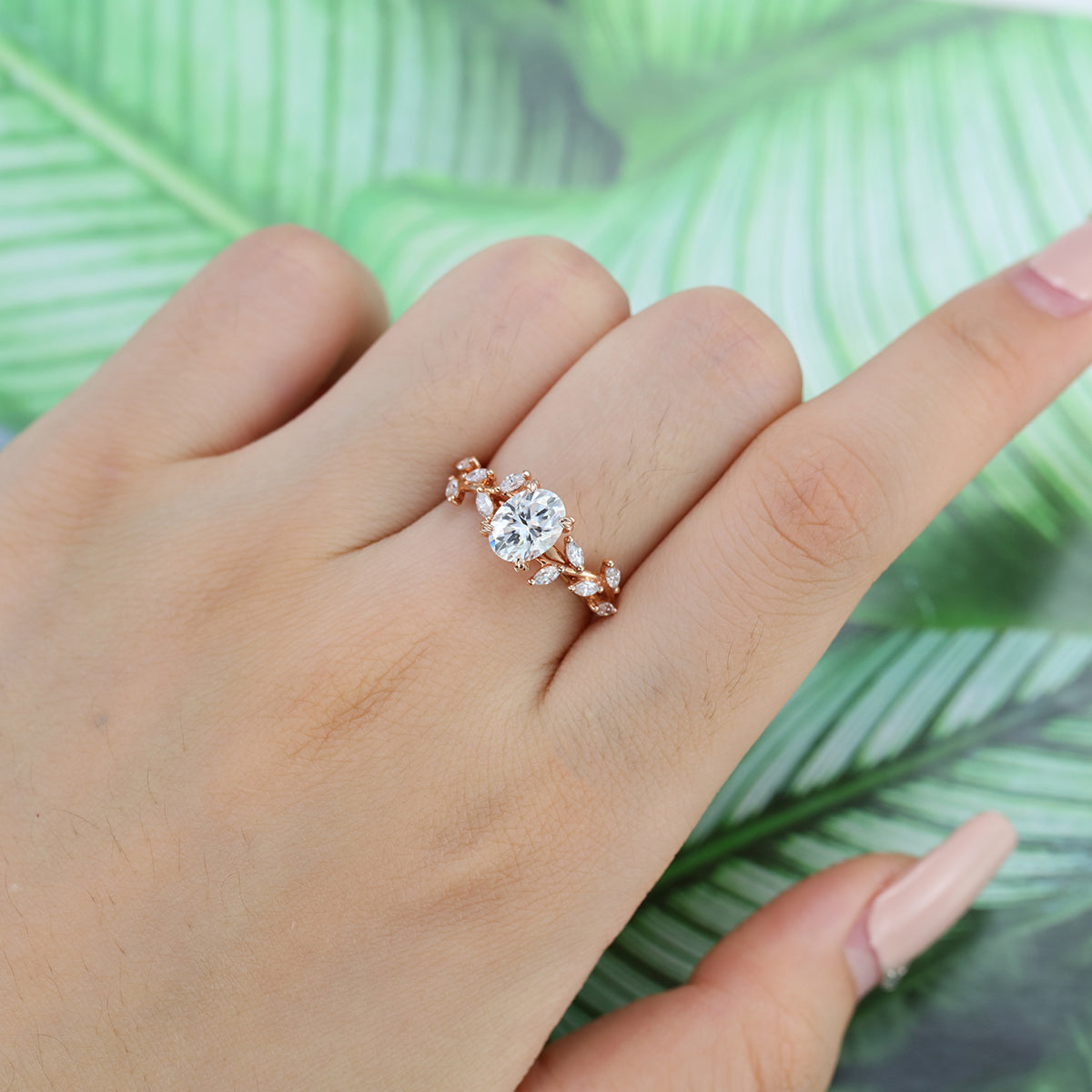 Nature Inspired Marquise cut Moissanite Solid Gold Engagement Ring