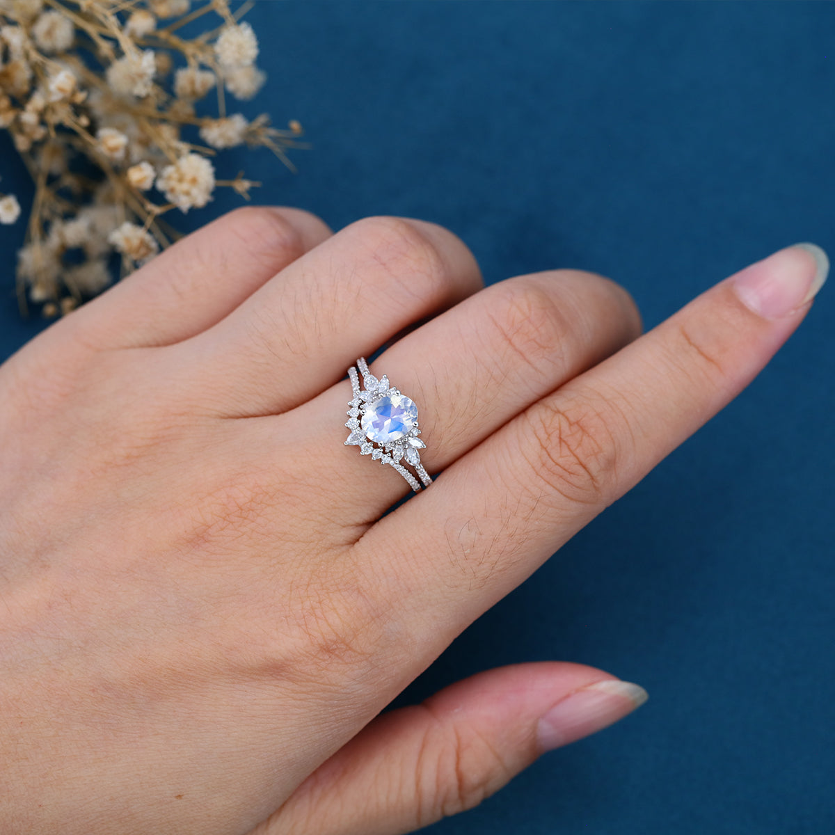 1.5 Carat Oval cut Moonstone Cluster Engagement ring Bridal Set