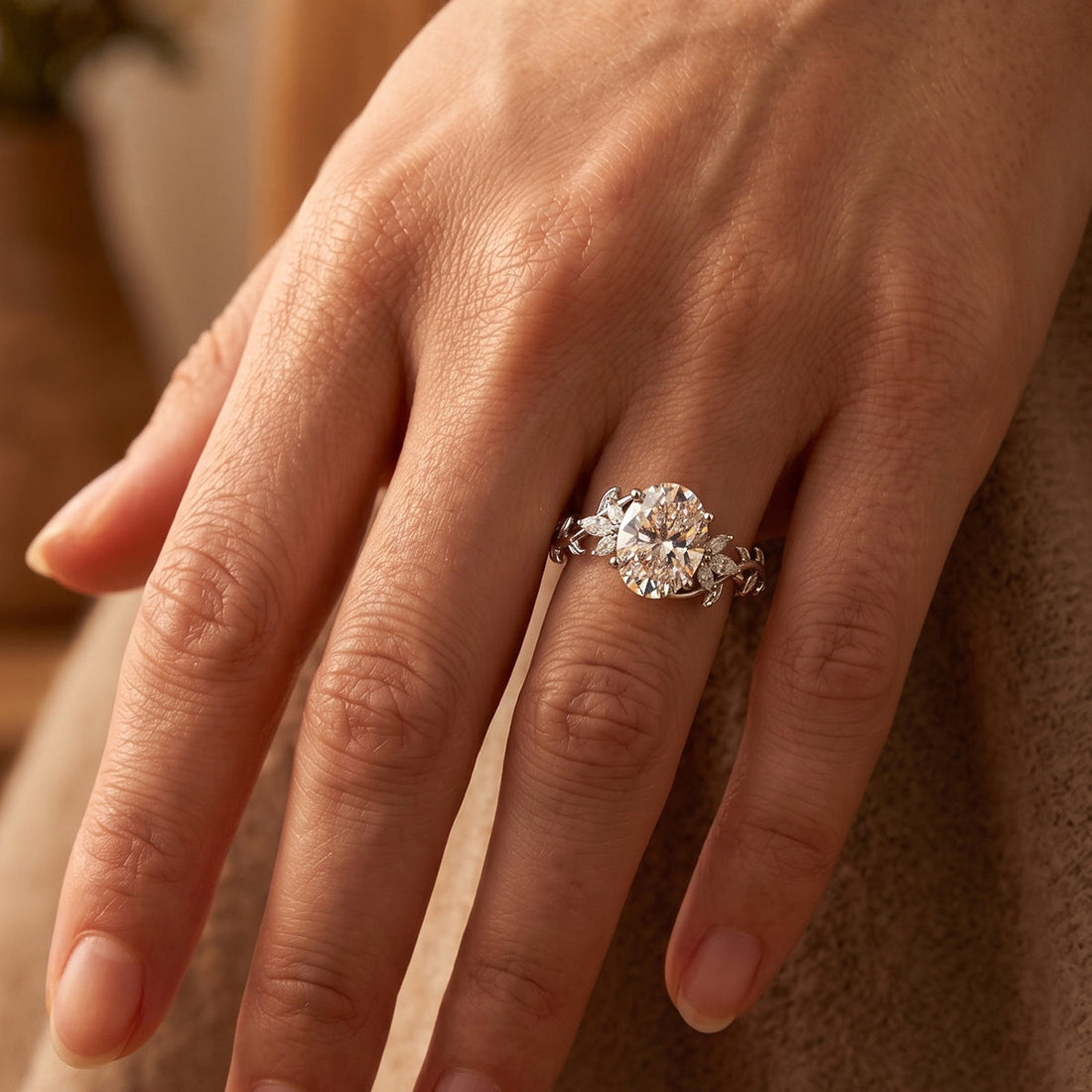 1.0CT~5.0CT Oval cut Lab grown diamond Leaf Engagement Ring Nature Inspired Band