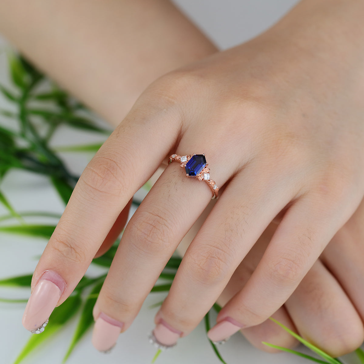 Long Hexagon cut Lab Sapphire + Diamonds Leaf Gold Engagement Ring