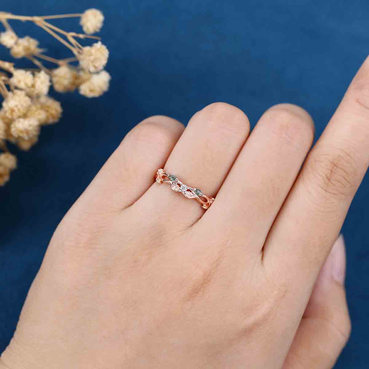 Baguette Moss Agate Matching Moissanite | Diamond Half Eternity Wedding Band (Copy)