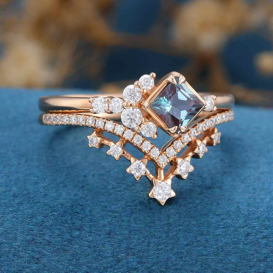 Princess cut Lab Alexandrite | Diamond Wedding Bridal Set