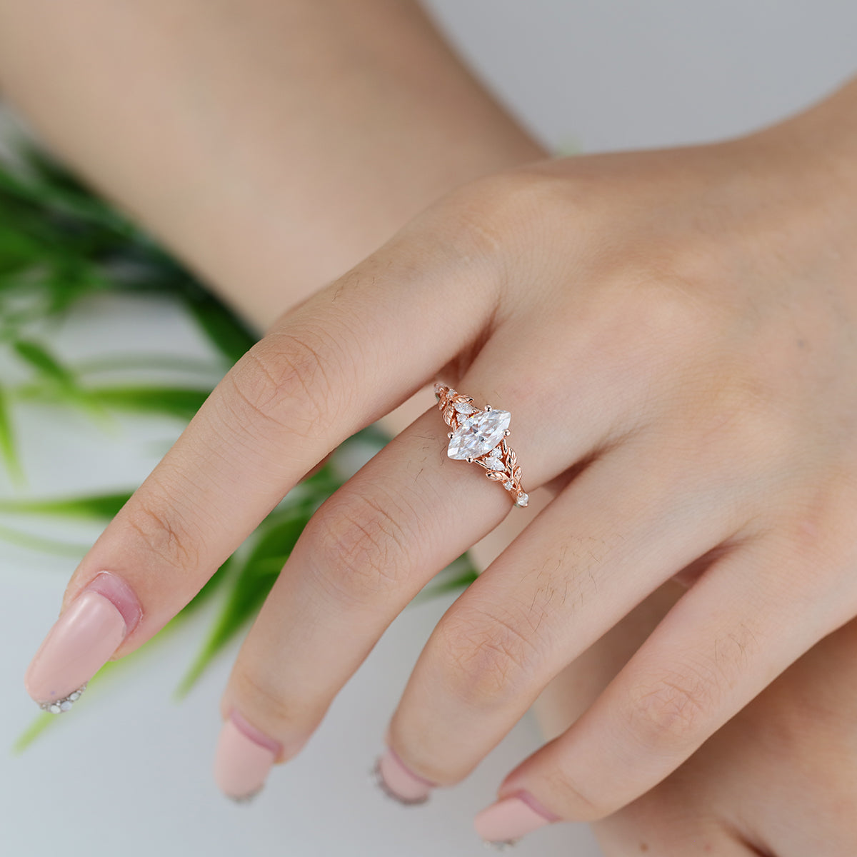 Nature Inspired Marquise cut Moissanite Leaf Gold Engagement Ring