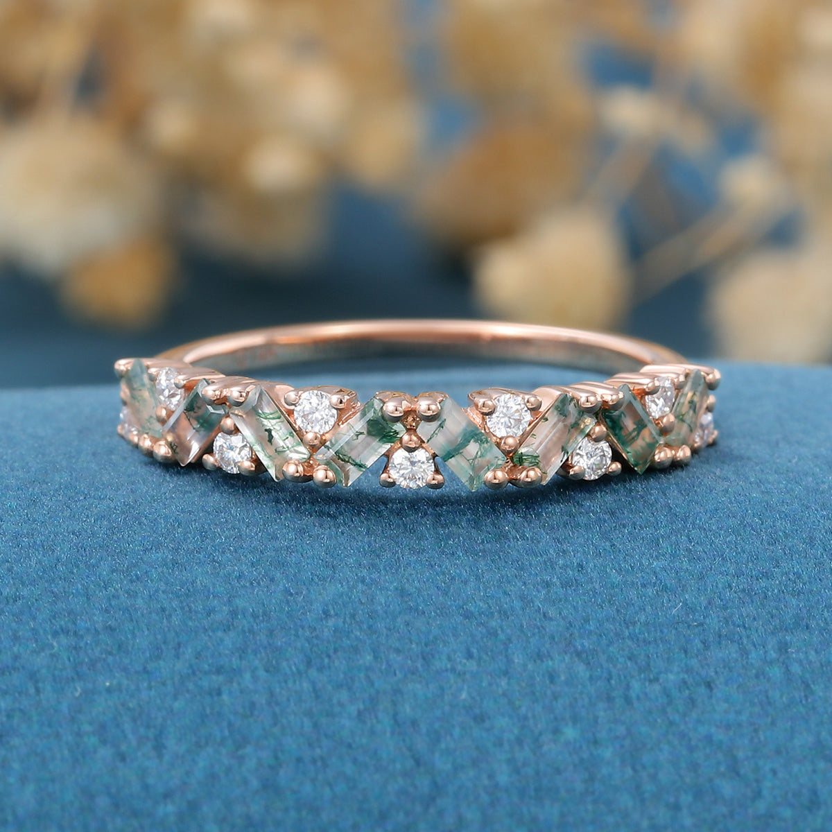 Baguette Moss Agate Matching Moissanite | Diamond Half Eternity Wedding Band