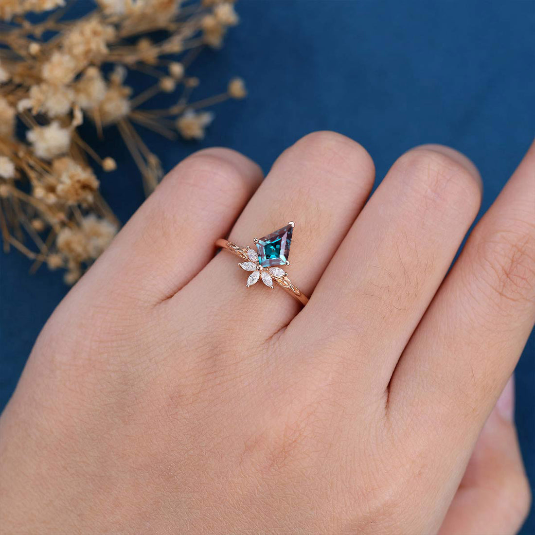 Kite Cut Lab Alexandrite | Diamond  Engagement Ring