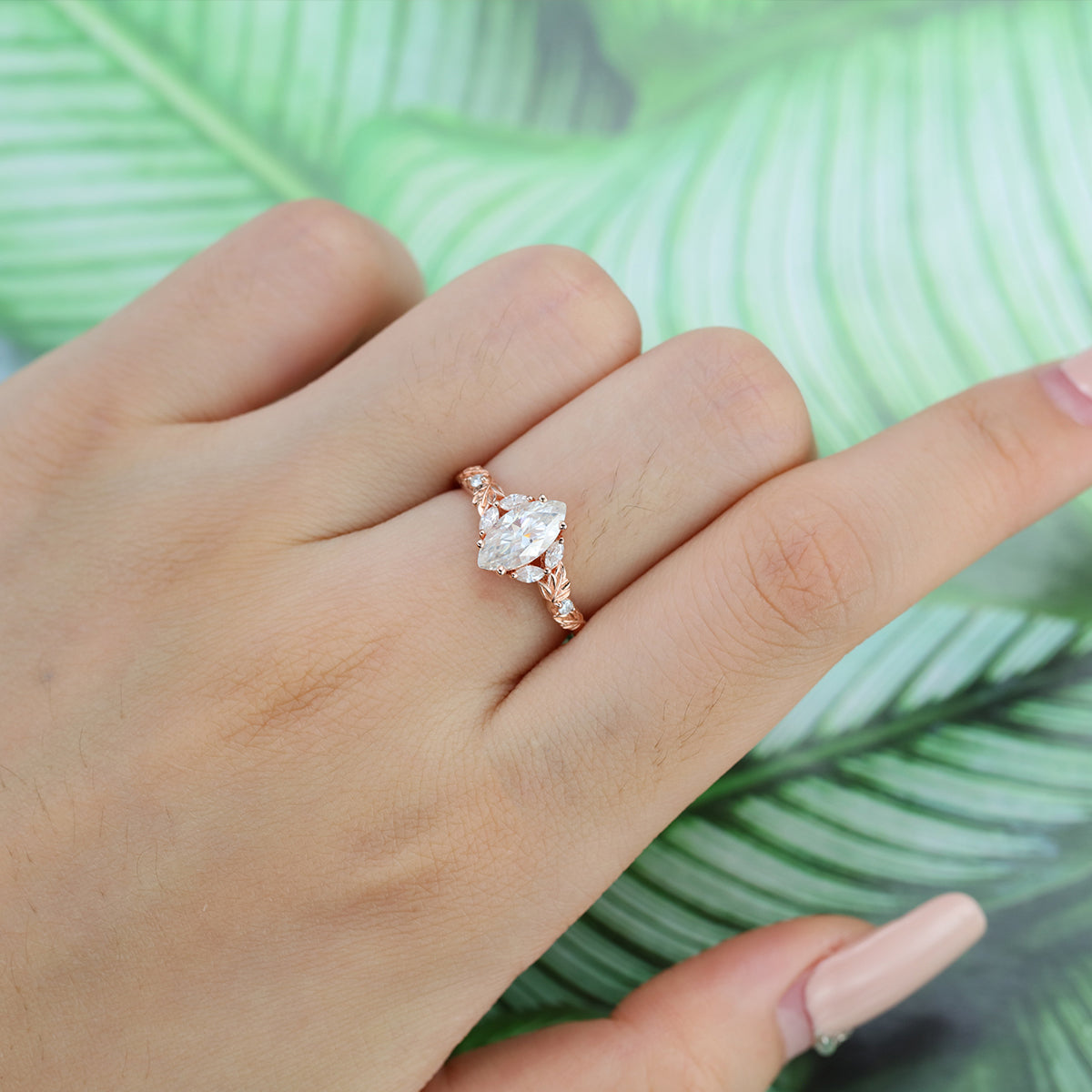 Nature Inspired Marquise cut Moissanite Leaf Gold Engagement Ring