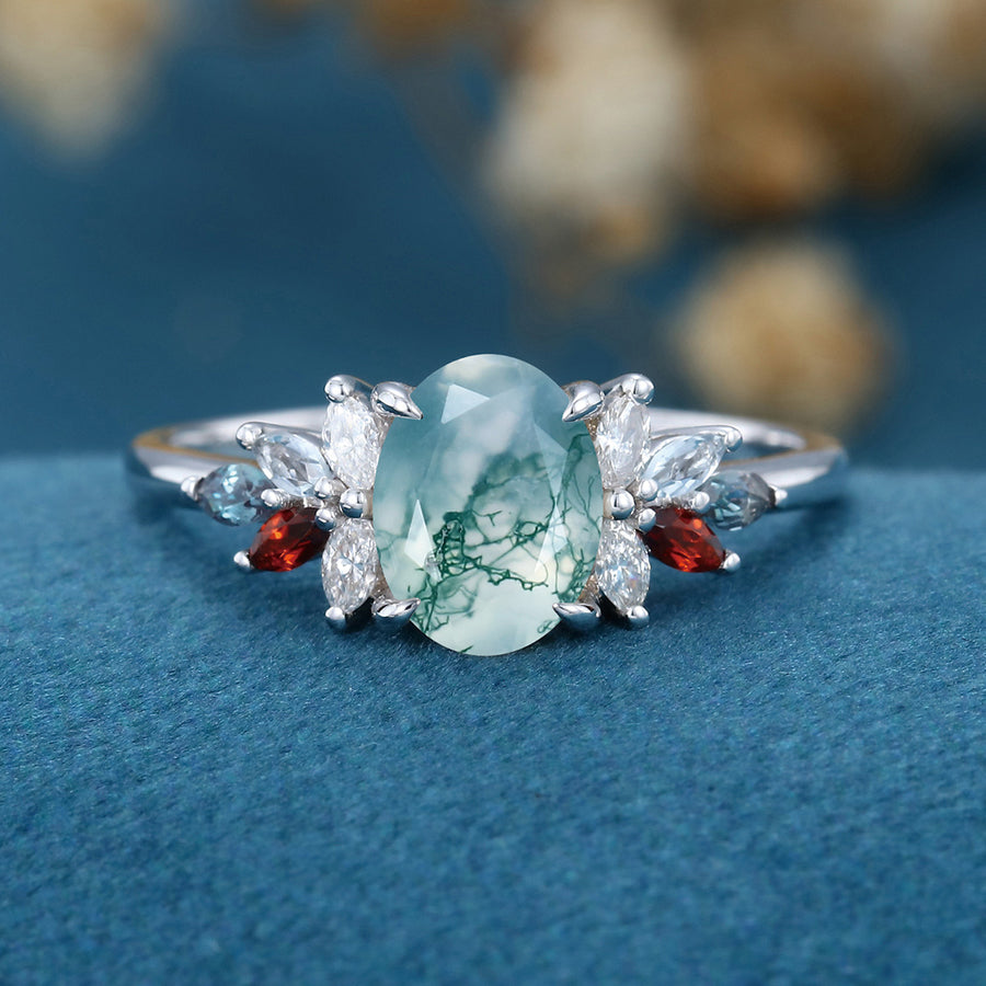 Natural Green Moss Agate Oval cut cluster Engagement Ring